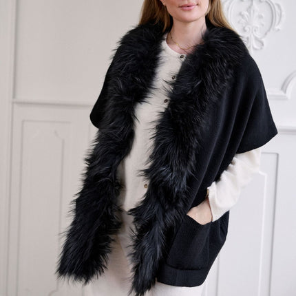 Nina Poncho | Ull, tvättbjörnspäls Svart