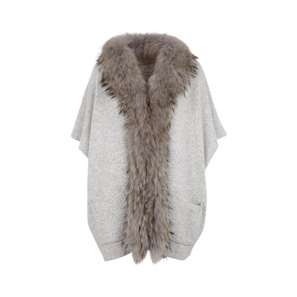 Nina Poncho | Ull, tvättbjörnspäls Ljusgrå 