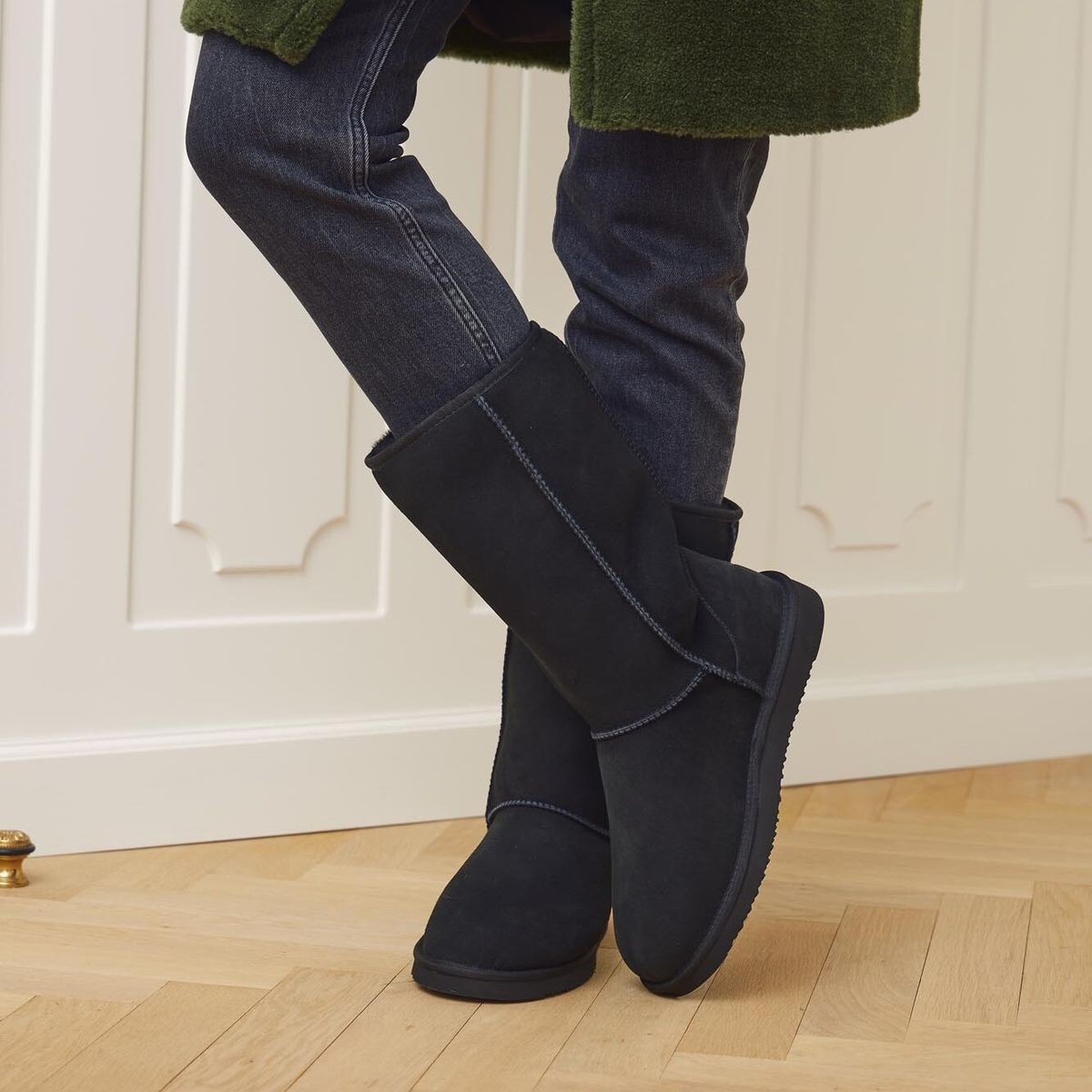 Höga boots | Mocka & äkta fårull | Dam Svart